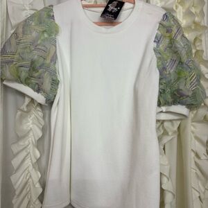 Entro White Top with Green and Purple Puff Sleeves